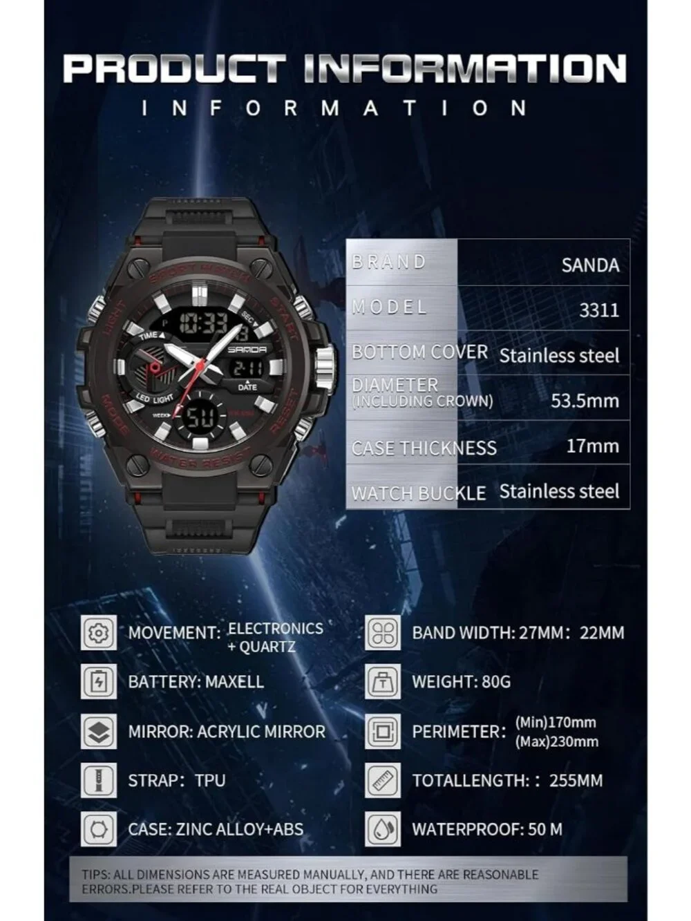 Men's Red Analog Quartz Sports Waterproof Military Tactical LED Digital Watch